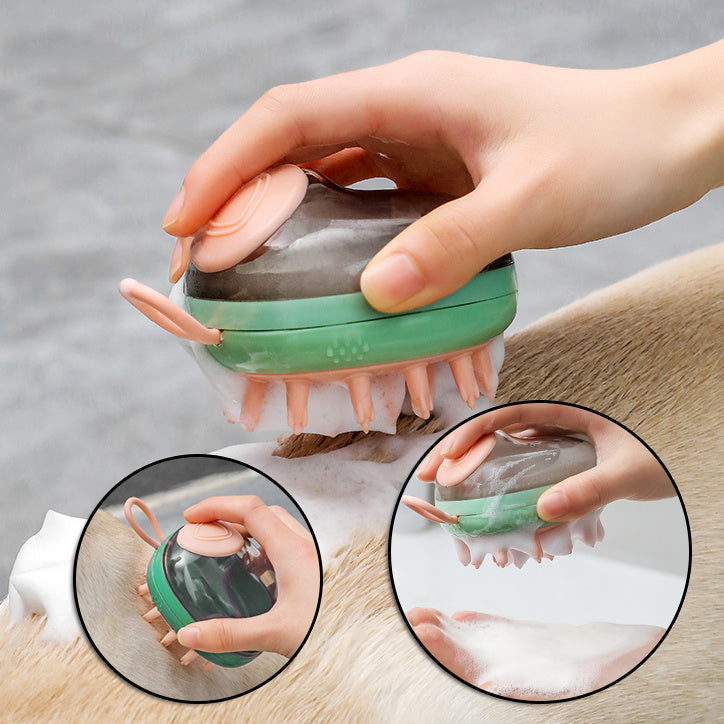 2-in-1 Pet Bath & Massage Brush – Shampoo Dispenser for Dogs & Cats - Paw & tail